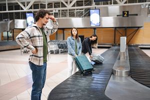 People waiting at an airport baggage carousel while collecting their luggage.