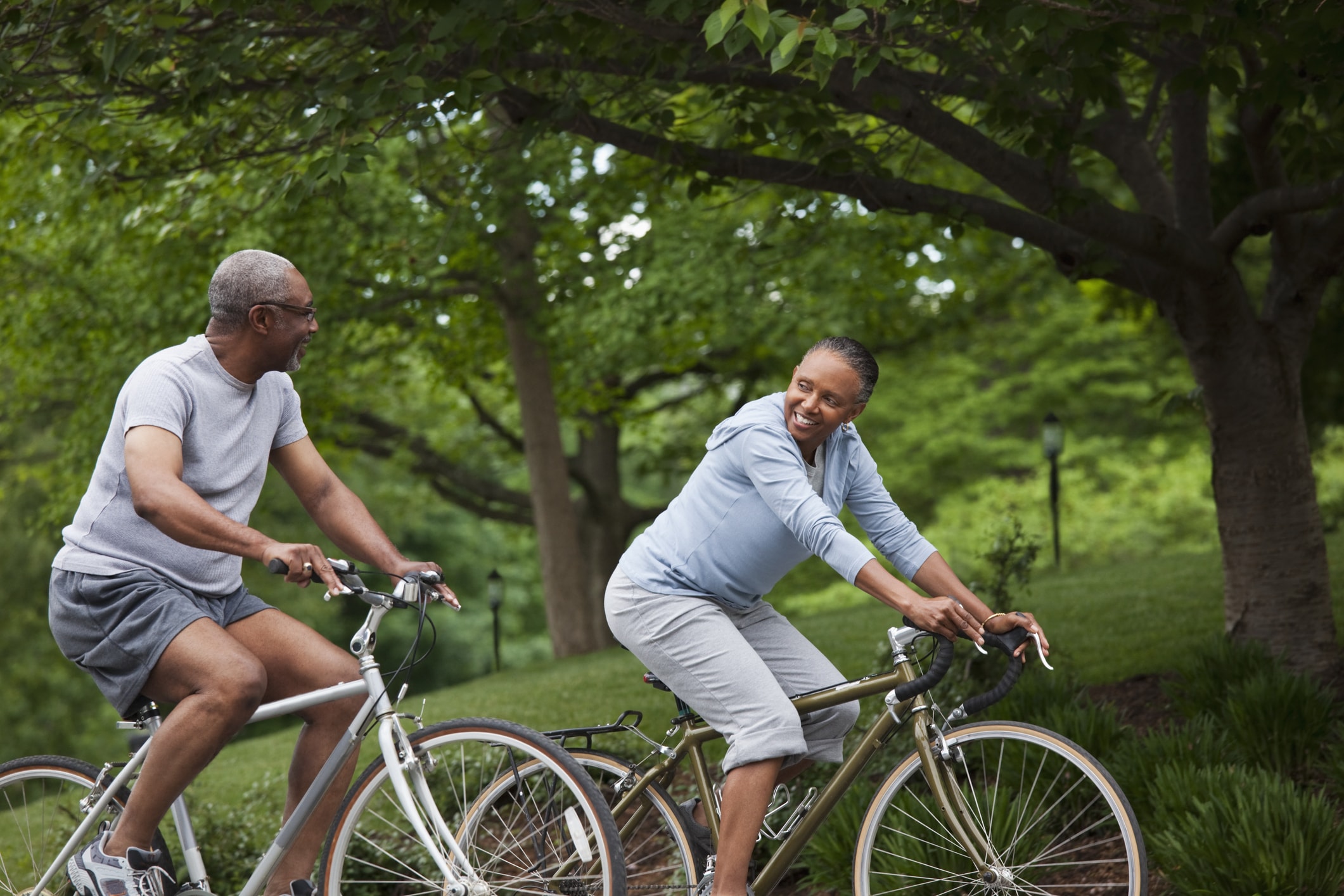 Two people riding bicycles together on a tree-lined path.