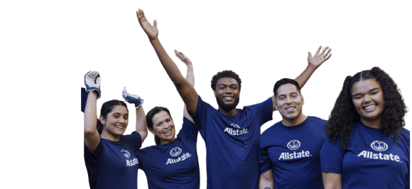 a group of people in blue Allstate shirts smiling