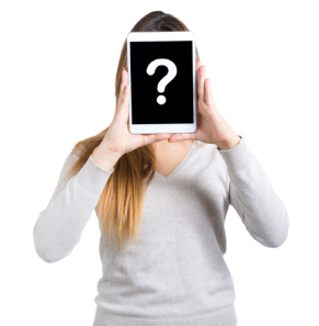 young woman holding a tablet with a question mark