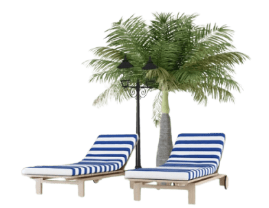 two chairs in blue and white stripes under a palm tree