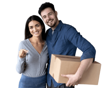 a woman holding keys and a man holding a box