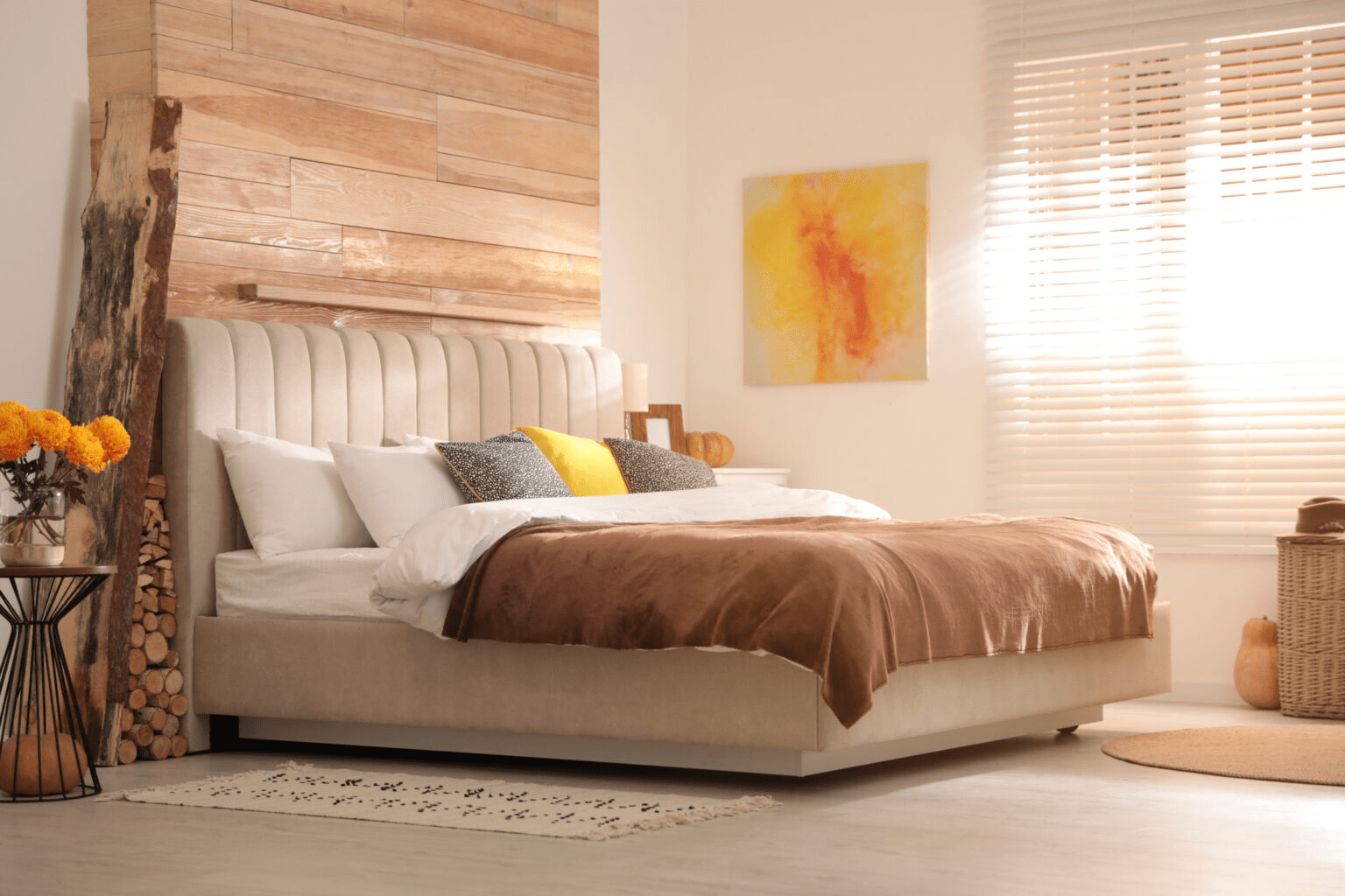 Bright, modern bedroom featuring a large upholstered bed, wood accent wall, and warm natural light from a nearby window.