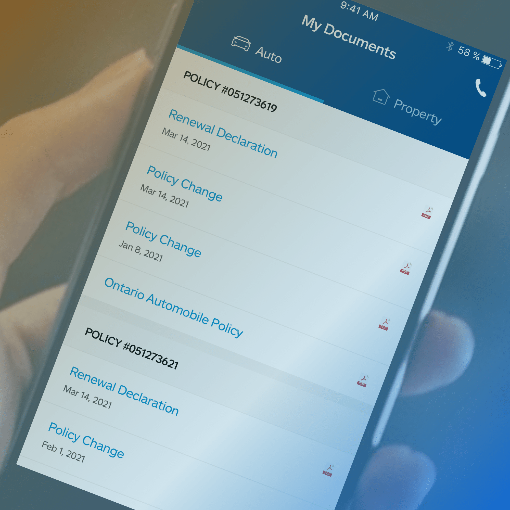 Smartphone displaying insurance documents and policy details on a mobile app.