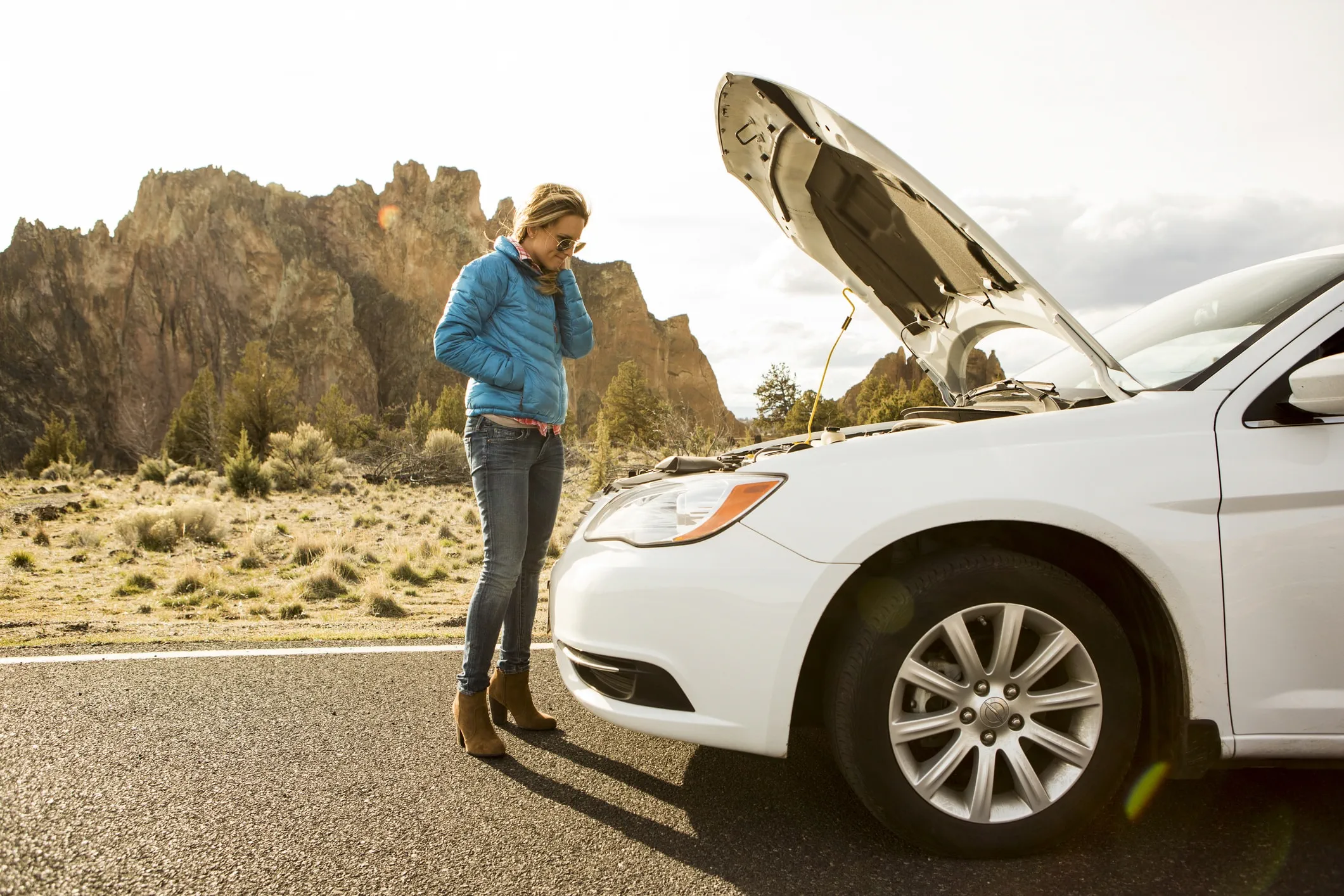 Person standing by a car with the hood open on the roadside.
