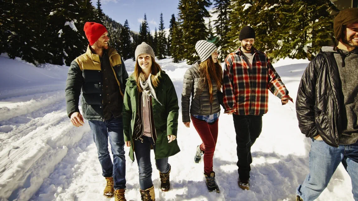 Cinq amis font une randonnée dans la neige