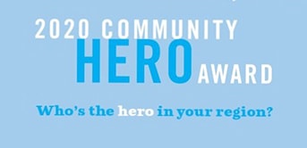 blue and white text about the 2020 Community Hero Awards in a blue background