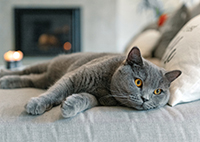 a grey cat lying on a couch